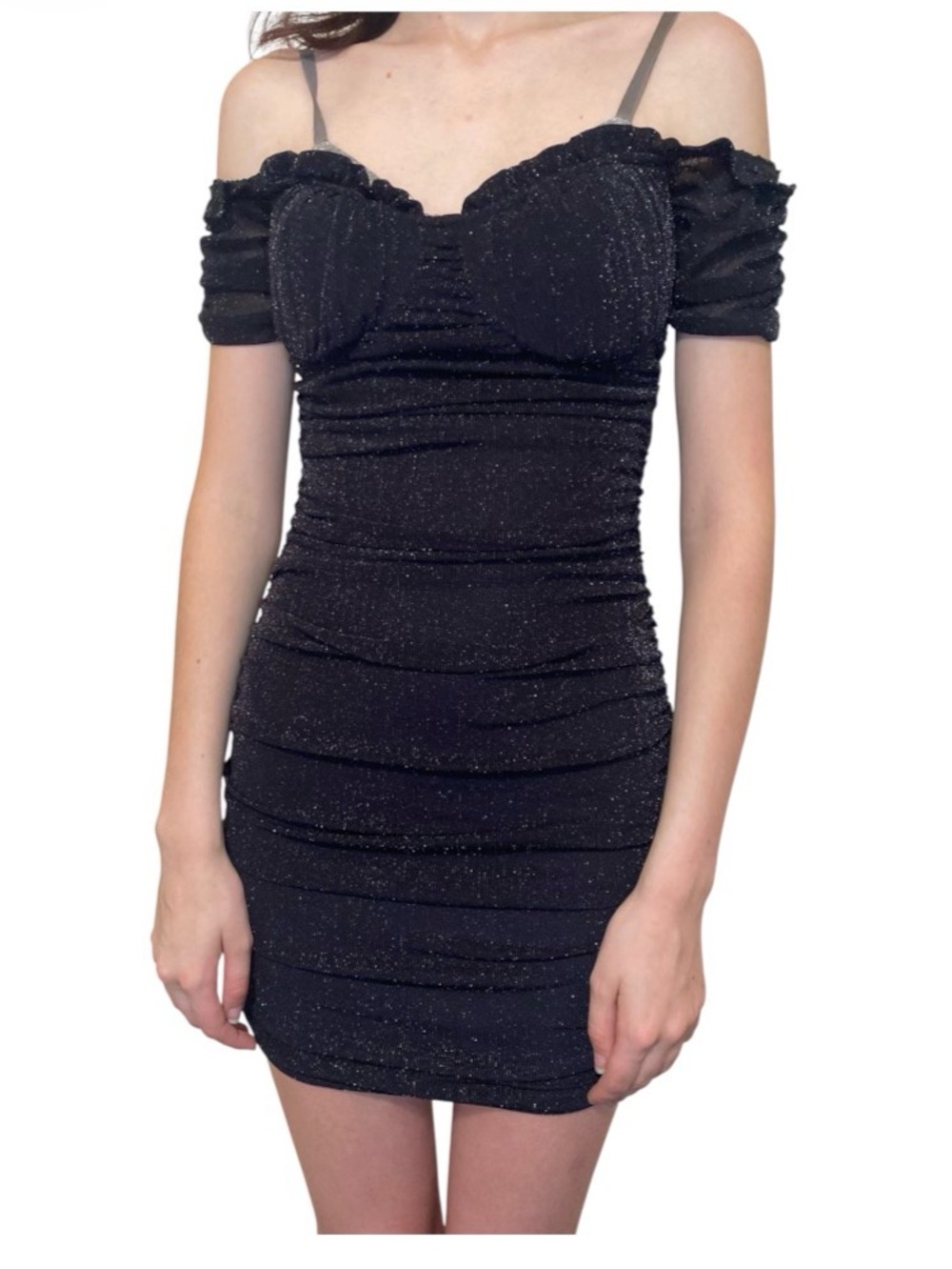 Papaya Black Sparkle Off-Shoulder Ruched Mini Dress size small